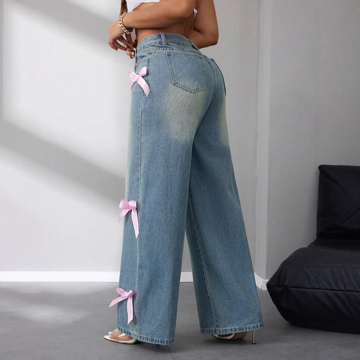 Jeans larges femmes taille haute avec appliqués en forme de nœud décoratifs Levoire