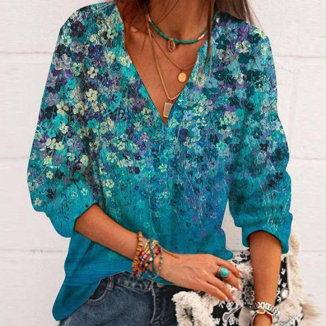 Levoire | T-shirt à imprimé tendance col en V à poignets extensibles à manches trois-quarts Pfauven Vert
