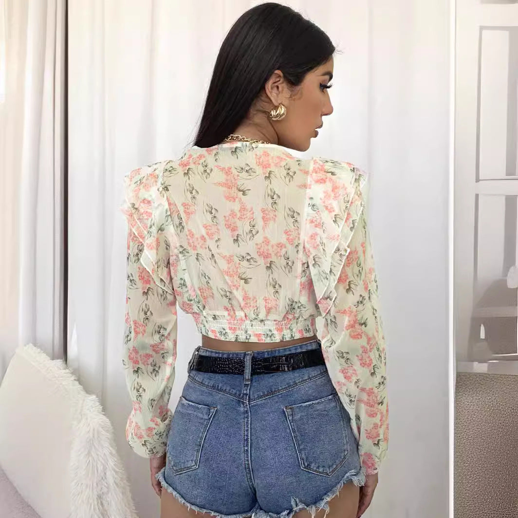 Blouse femme avec volants et motif floral Levoire