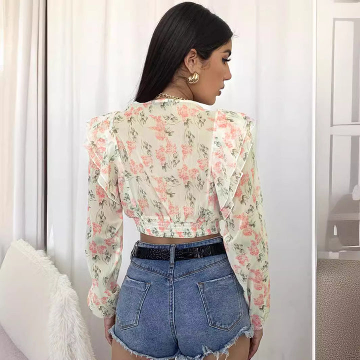 Blouse femme avec volants et motif floral Levoire