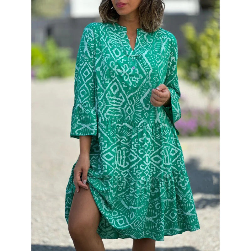 Levoire | Élégant Robe à encolure en V à manches courtes Imprimé gâteau ajouté Vert