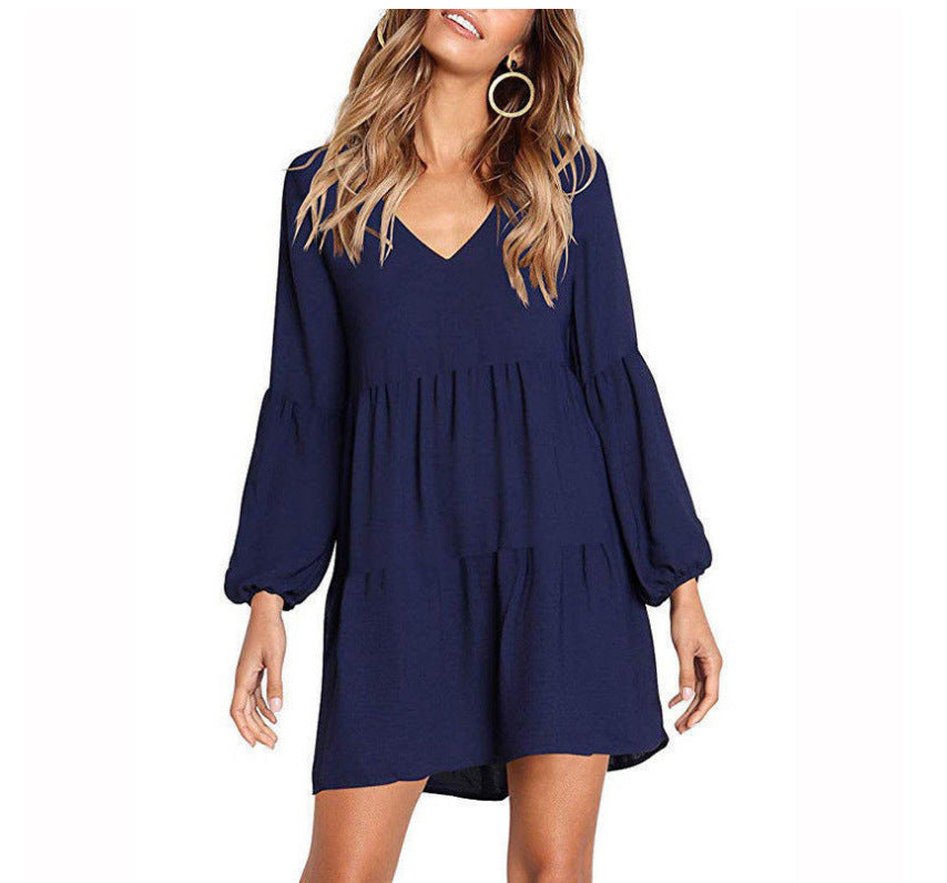Levoire | Robe Longue à Manches Longues avec Décolleté en V Élégante Bleu marine