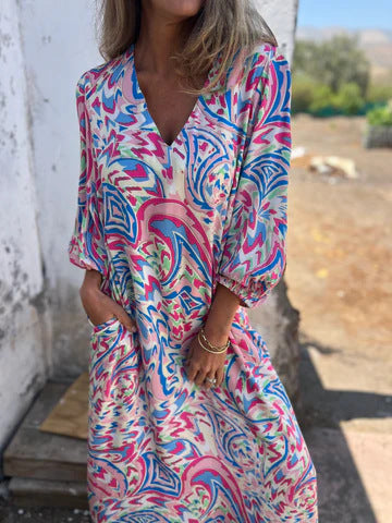 Levoire | Élégante Femmes Printemps Été Imprimé Robe V-Décolleté #2