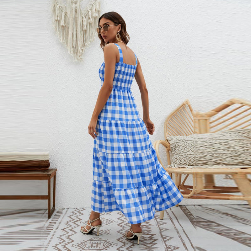 Robe Maxi Aérée pour Femme avec Motif à Carreaux et Corsage Élastique Levoire