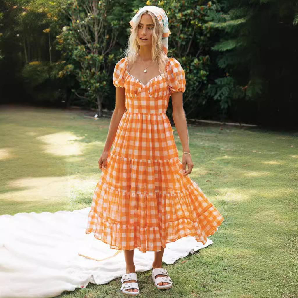Robe maxi femme avec volant complet et motif à carreaux Levoire
