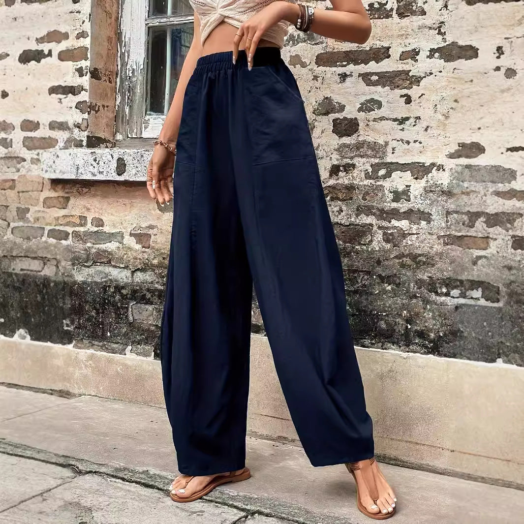 Pantalon large en lin pour femmes avec taille élastique et poches latérales Levoire