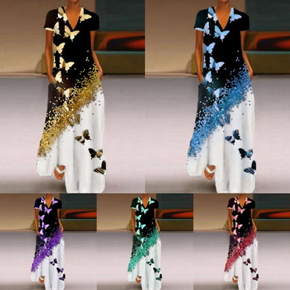 Levoire | Robe à encolure en V à manches courtes avec imprimé papillon élégant