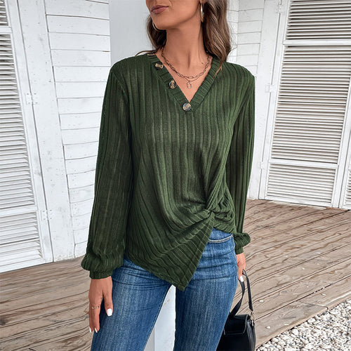 Chemise à manches longues à la mode pour femmes avec décolleté en V et boutons décoratifs Levoire