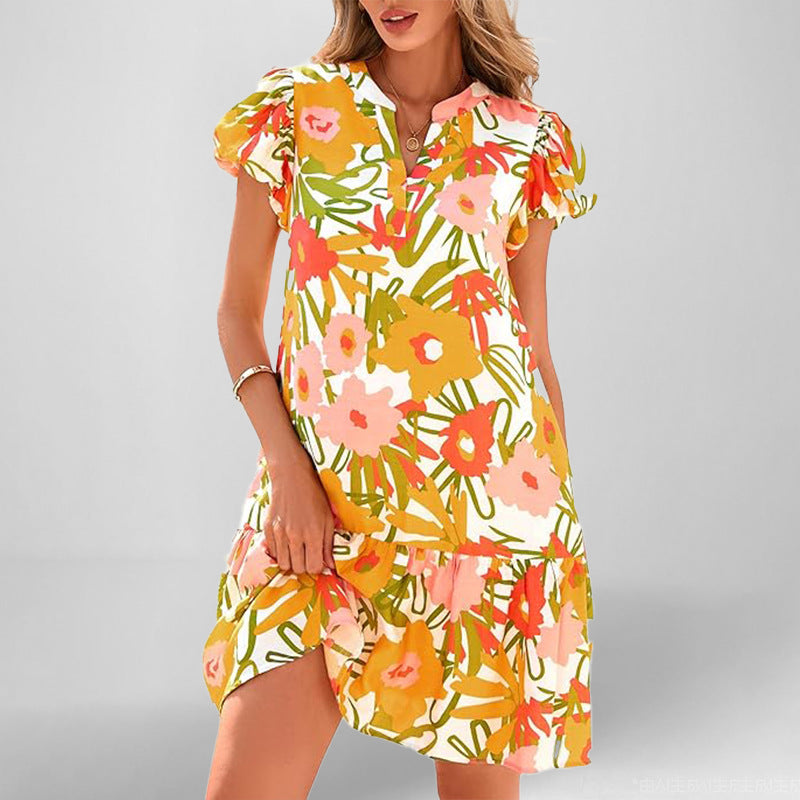 Robe courte à manches courtes fluides pour femmes avec ourlet froncé raffiné Levoire