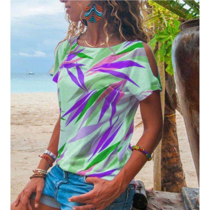 T-shirt pour femme avec coupe asymétrique et motif de feuilles colorées Levoire