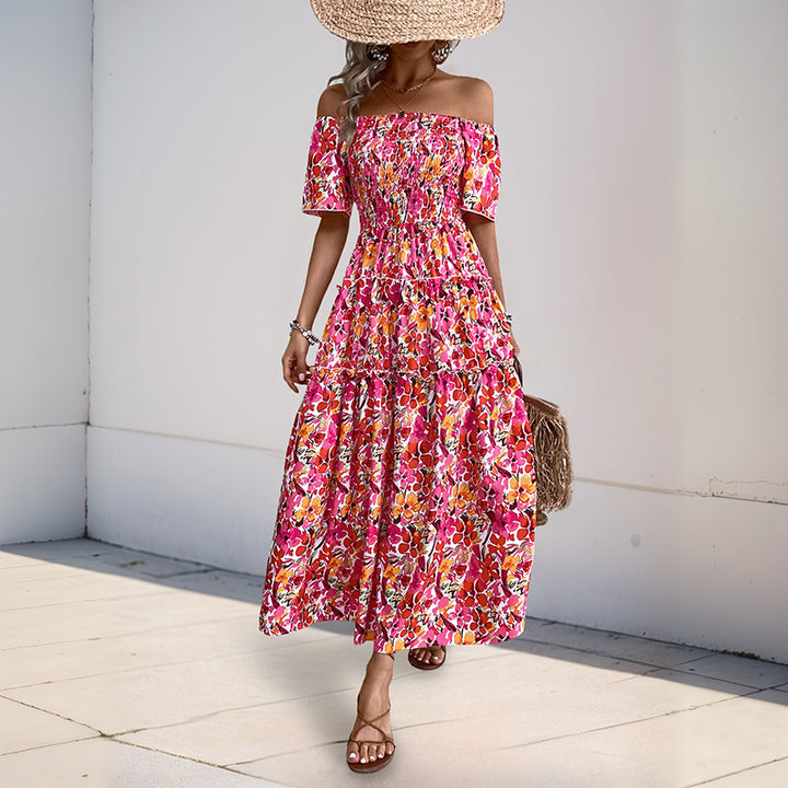 Robe maxi décolletée pour femmes avec motif floral et détails en volants Levoire
