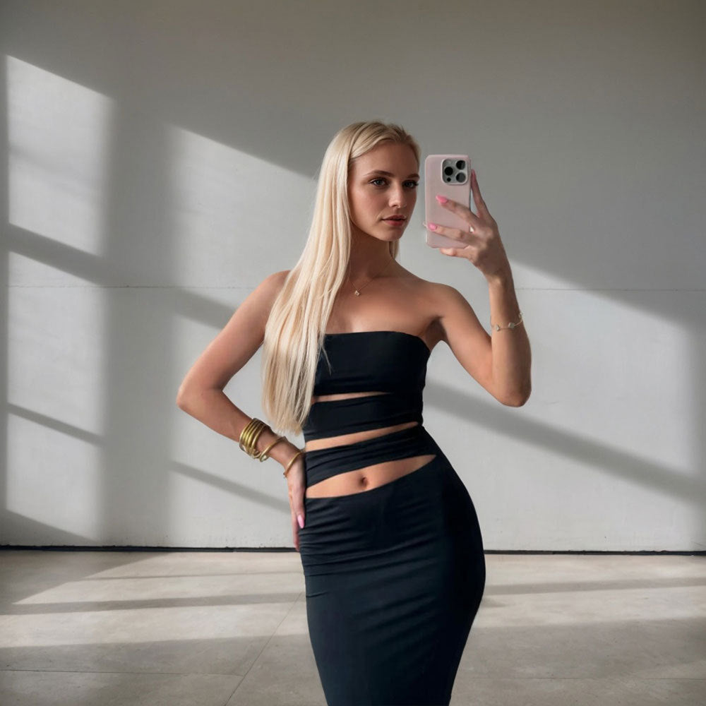 Robe ajustée pour femmes avec encolure bandeau et détails découpés pratiques Levoire