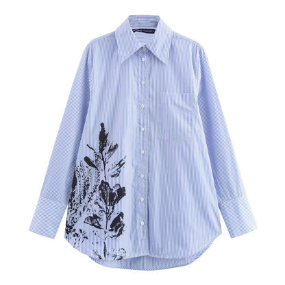 Levoire | Élégant Haut à Manches Longues Rayé Imprimé Floral Bleu clair