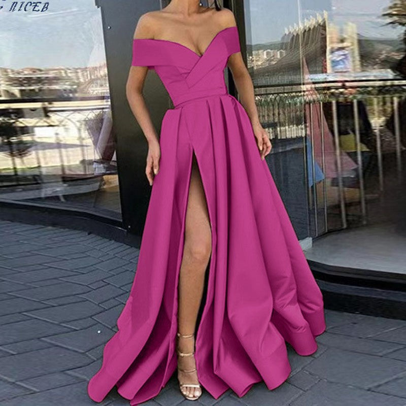 Levoire | Glamourueux Profond V décolleté Satin Multicolore Robe Magenta