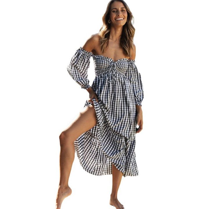 Robe Midi Femme avec Manches Bouffantes et Motif Carreaux Levoire