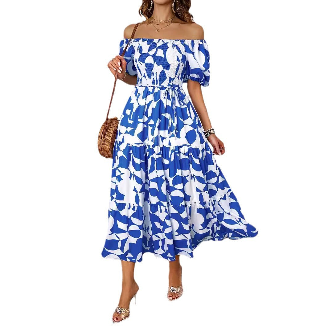 Robe Maxi Femme à Epaule Dégagée avec Manches Volumineuses et Imprimé Levoire