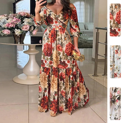 Robe maxi florale pour femmes avec design décolleté et ourlet à volants Levoire