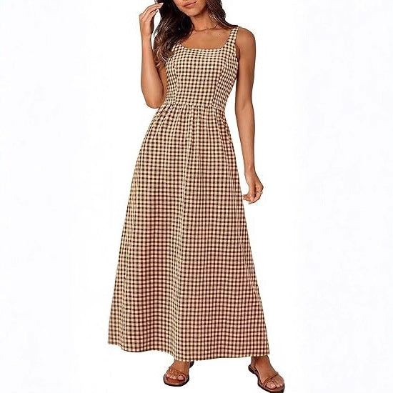 Robe maxi femme à motif à carreaux classique avec bretelles réglables et taille élastique Levoire