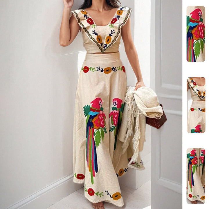 Robe Maxi Élégante pour Femmes avec Broderie Artistique et Manches Volantes Levoire