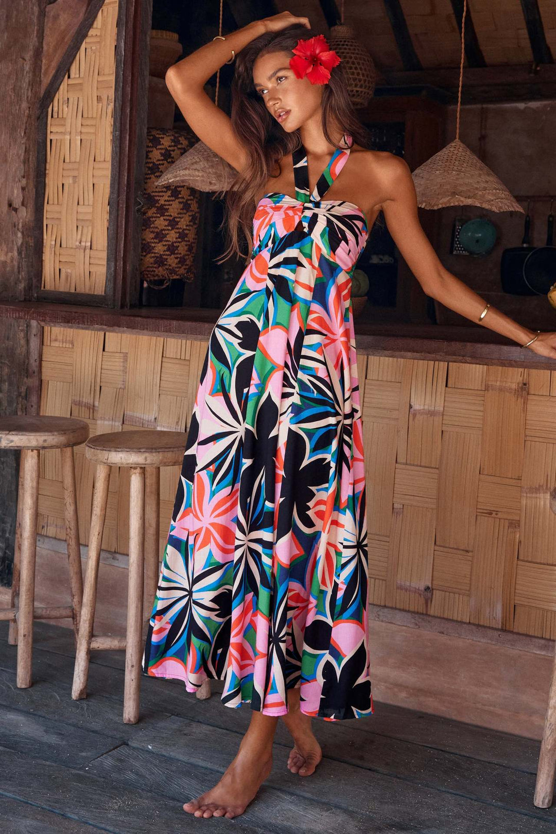 Robe maxi femme avec encolure extensible sans bretelles et imprimé floral Levoire