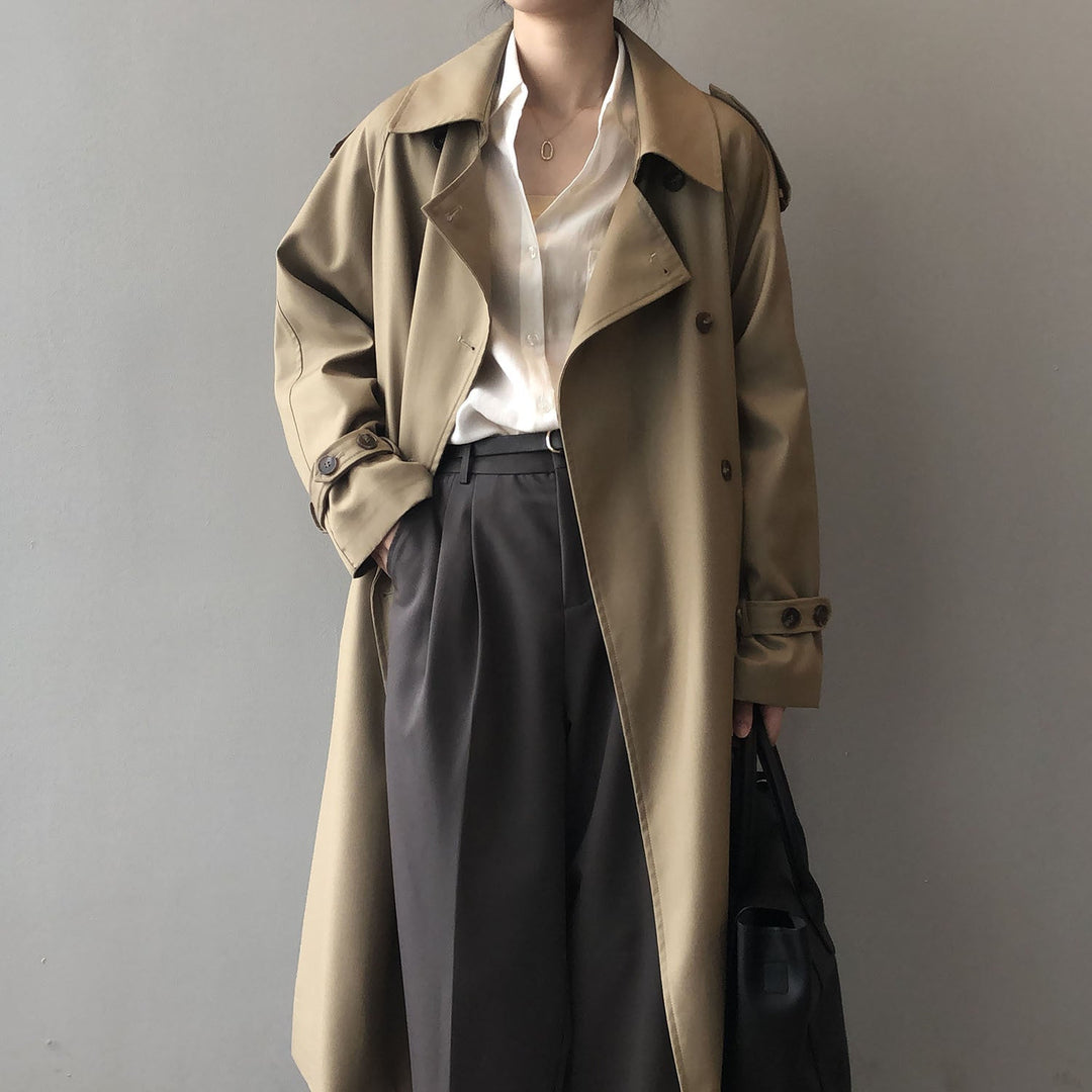 Levoire | Trench Long Décontracté Pour Femmes Avec Ceinture Plissée Khaki