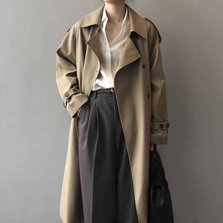Levoire | Trench Long Décontracté Pour Femmes Avec Ceinture Plissée Khaki