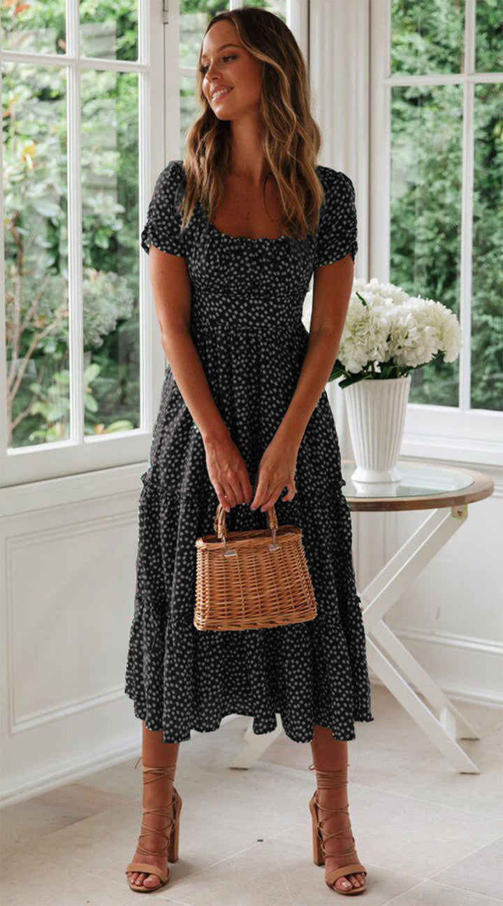 Levoire | Robe à fleurs Col carré Manches bouffantes Noir