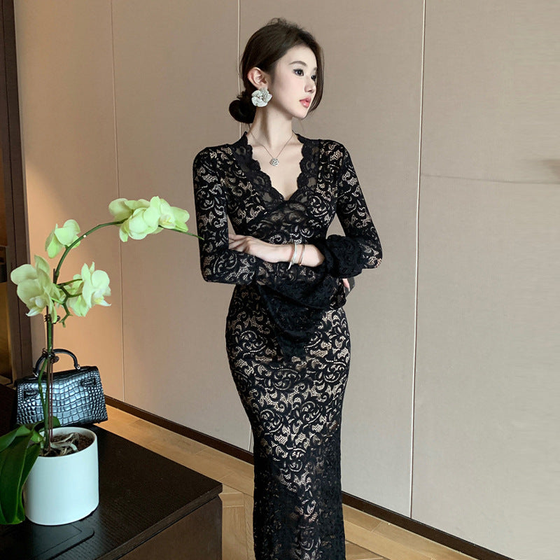 Levoire | Slim Fit Sexy Hollow Long Dress noir