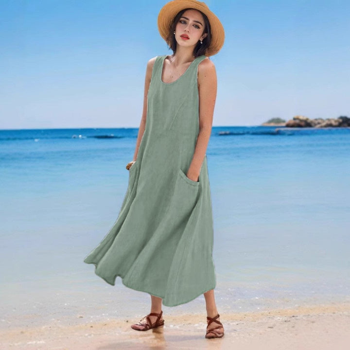 Levoire | Robe en lin Sac d'été Sans manches Col rond Robe Vert