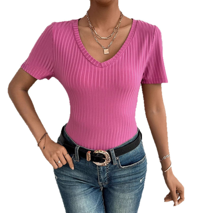 Chemisier Femme à Col V à Manches Courtes avec Structure en Fines Côtes Levoire