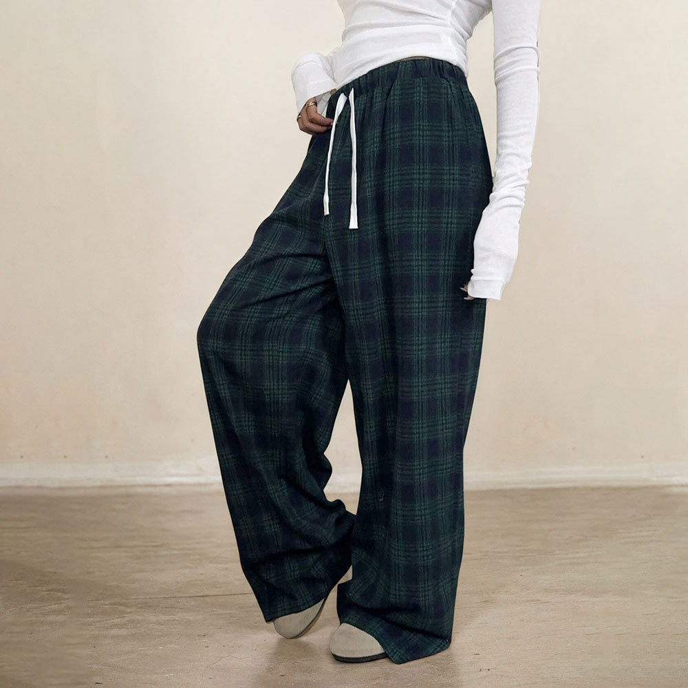 Pantalons à carreaux décontractés pour femmes avec taille élastique et cordon de serrage ajustable Levoire