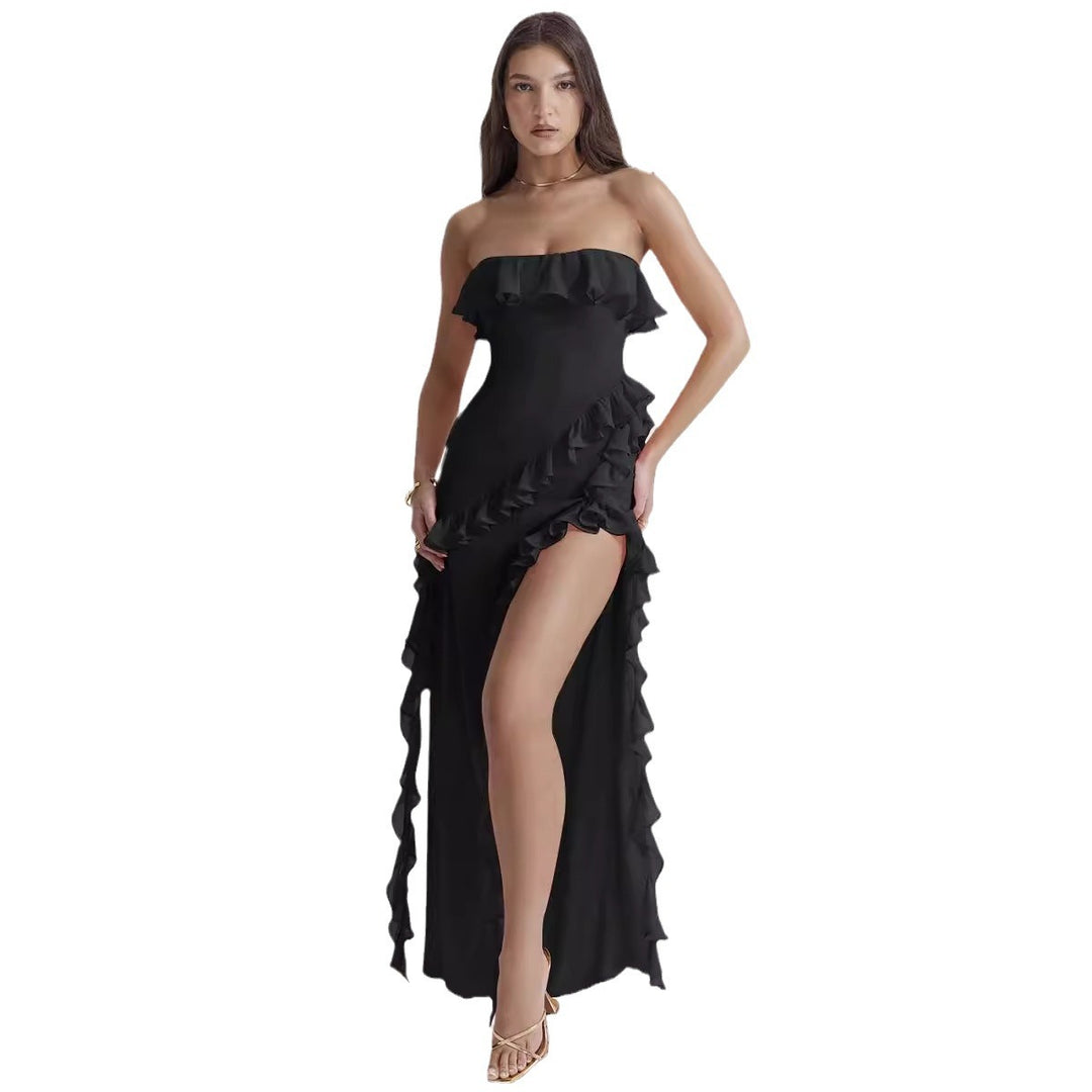 Robe maxi femme à épaules dénudées avec volants et fente Levoire