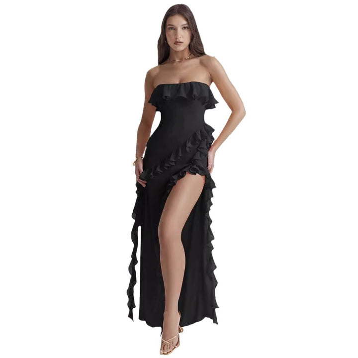 Robe maxi femme à épaules dénudées avec volants et fente Levoire