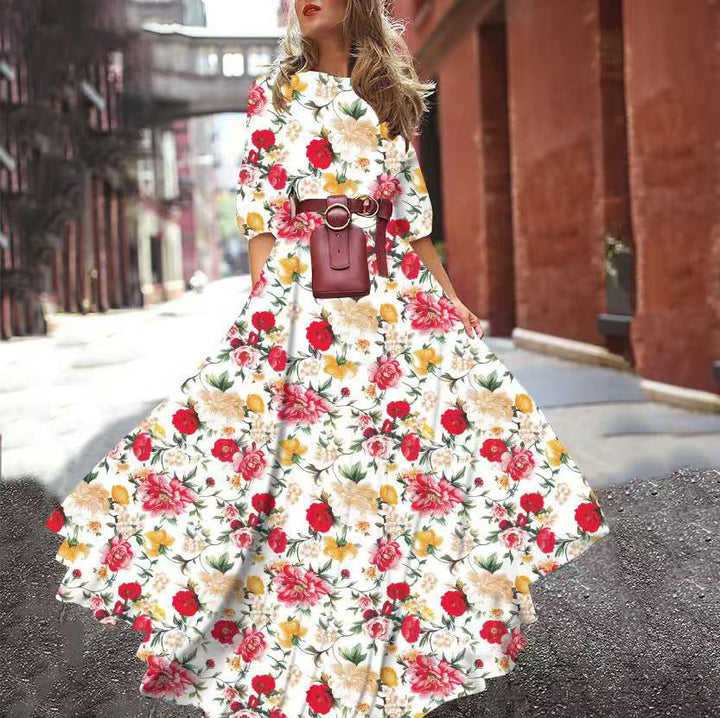 Levoire | Dress décontracté lumineux de vacances longue fond blanc fleur rouge