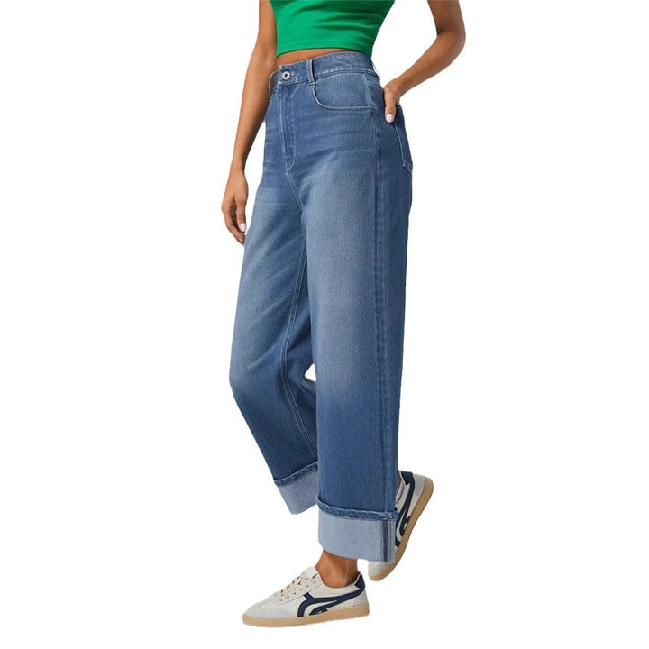 Pantalons en denim à large coupe pour femmes avec ourlet à revers Levoire