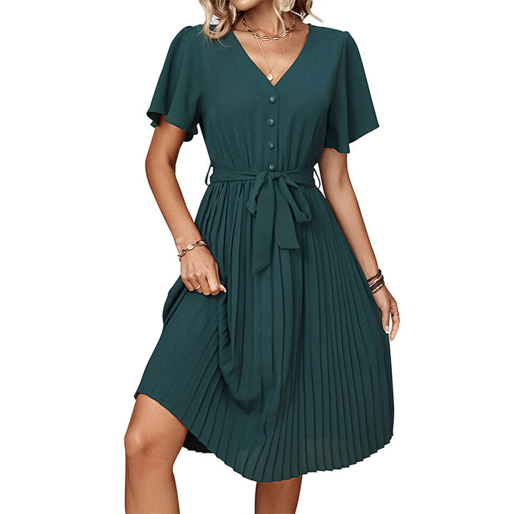 Robe plissée pour femmes avec ceinture à la taille et détails de boutons Levoire