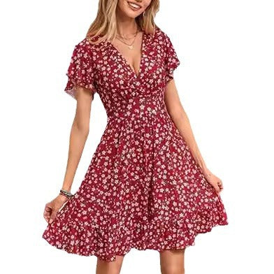 Robe femme à col V avec jupe fluide et détails volantés Levoire