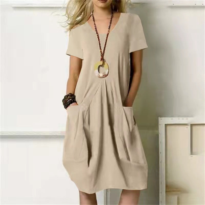 Levoire | Robe Simple Une Couleur Avec Col Rond Décontracté Et Manches Courtes Khaki