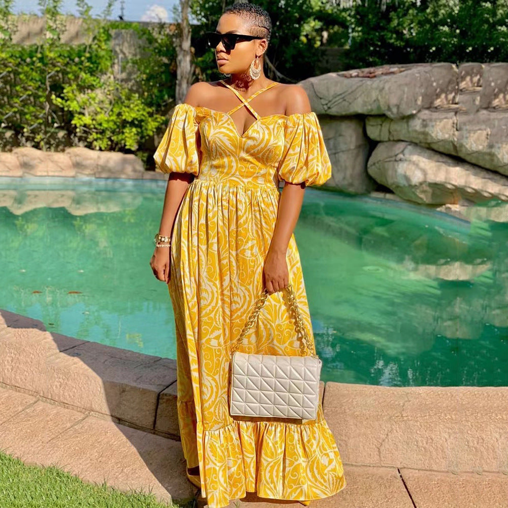 Levoire | Élégant Halter-decolleté Maxi-Robe à Manches Off-Shoulder V Jaune et blanc