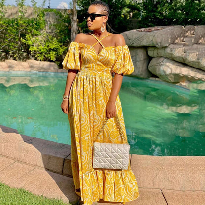 Levoire | Élégant Halter-decolleté Maxi-Robe à Manches Off-Shoulder V Jaune et blanc