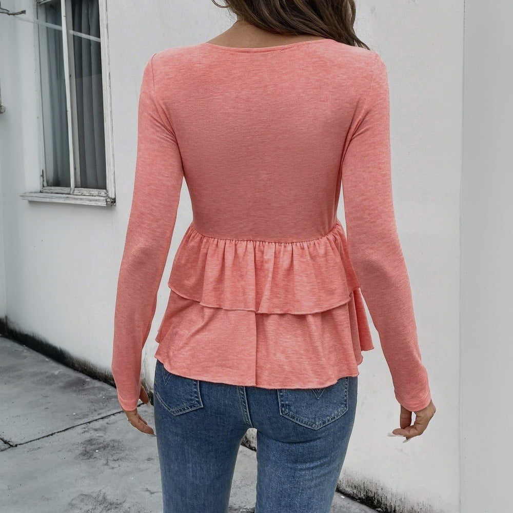 Blouse à manches longues pour femmes avec détails volantés et patte de boutonnage Levoire