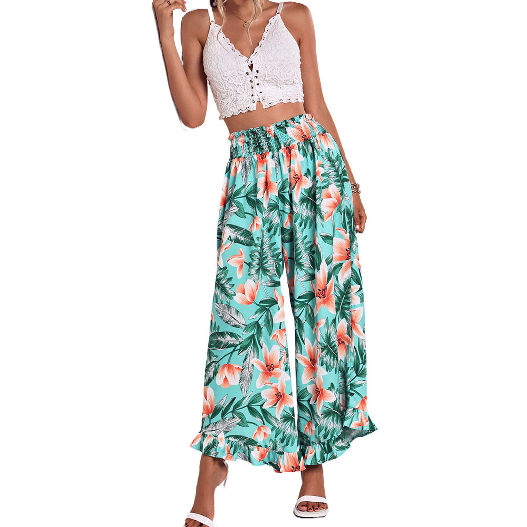 Pantalons de plage larges pour femmes avec motif floral et taille élastique Levoire