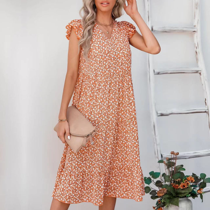 Robe évasée pour femmes avec des manches voluminées à volants et des détails floraux Levoire