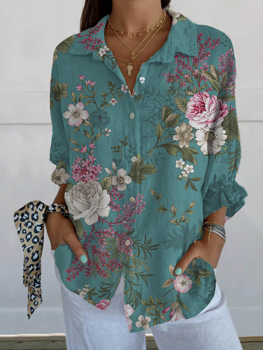 Levoire | Chemise Femme Vintage Rétro À Manches Longues Boutonnée Bleu