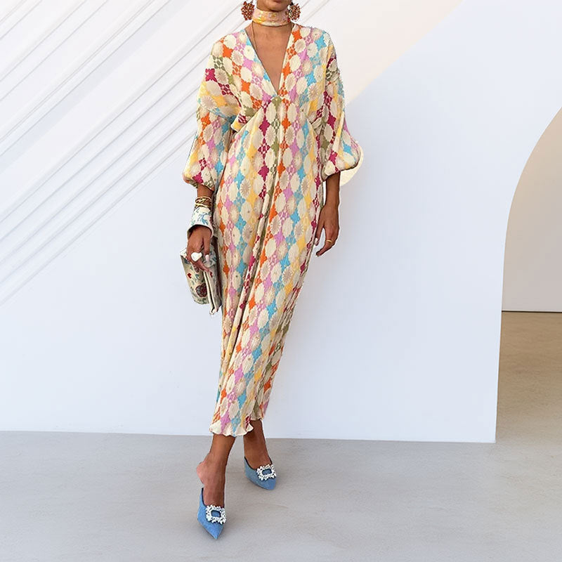 Robe maxi pour femmes avec des motifs géométriques modernes et des manches volumineuses Levoire