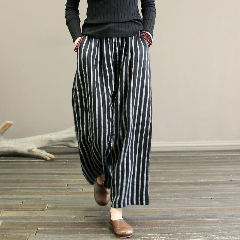 Levoire | Pantalons D'Été Légers À Rayures Décontractées Pour Femmes Avec Jambes Larges Noir