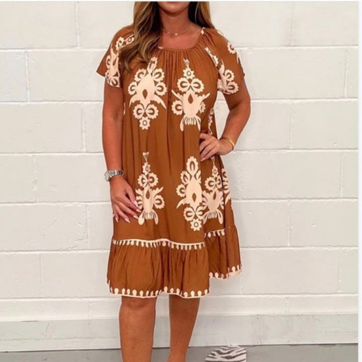 Levoire | Chic Été Fleurie Robe à Manches Courtes Couleur caramel