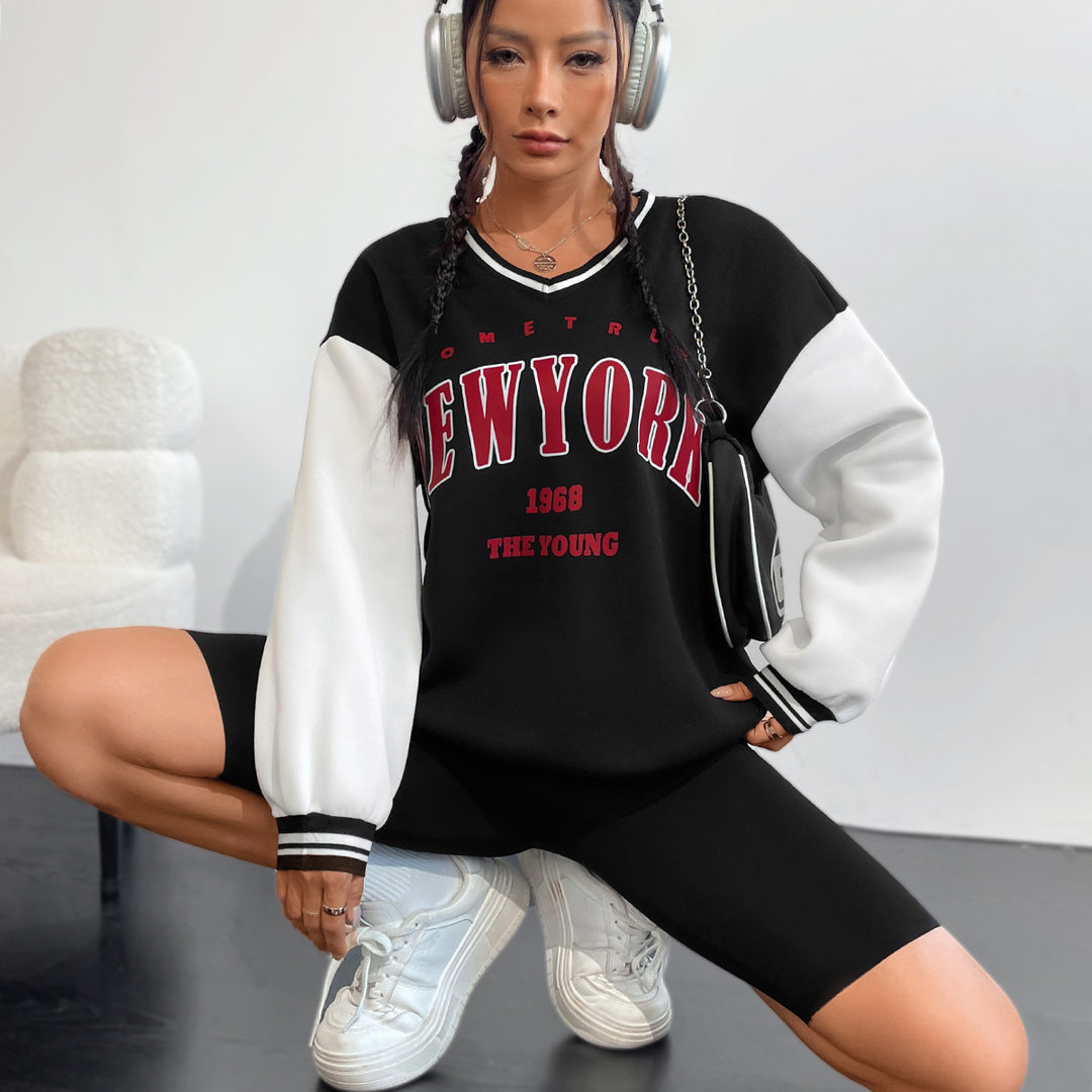 Sweatshirt décontracté pour femmes avec col en V et lettrage sportif Levoire