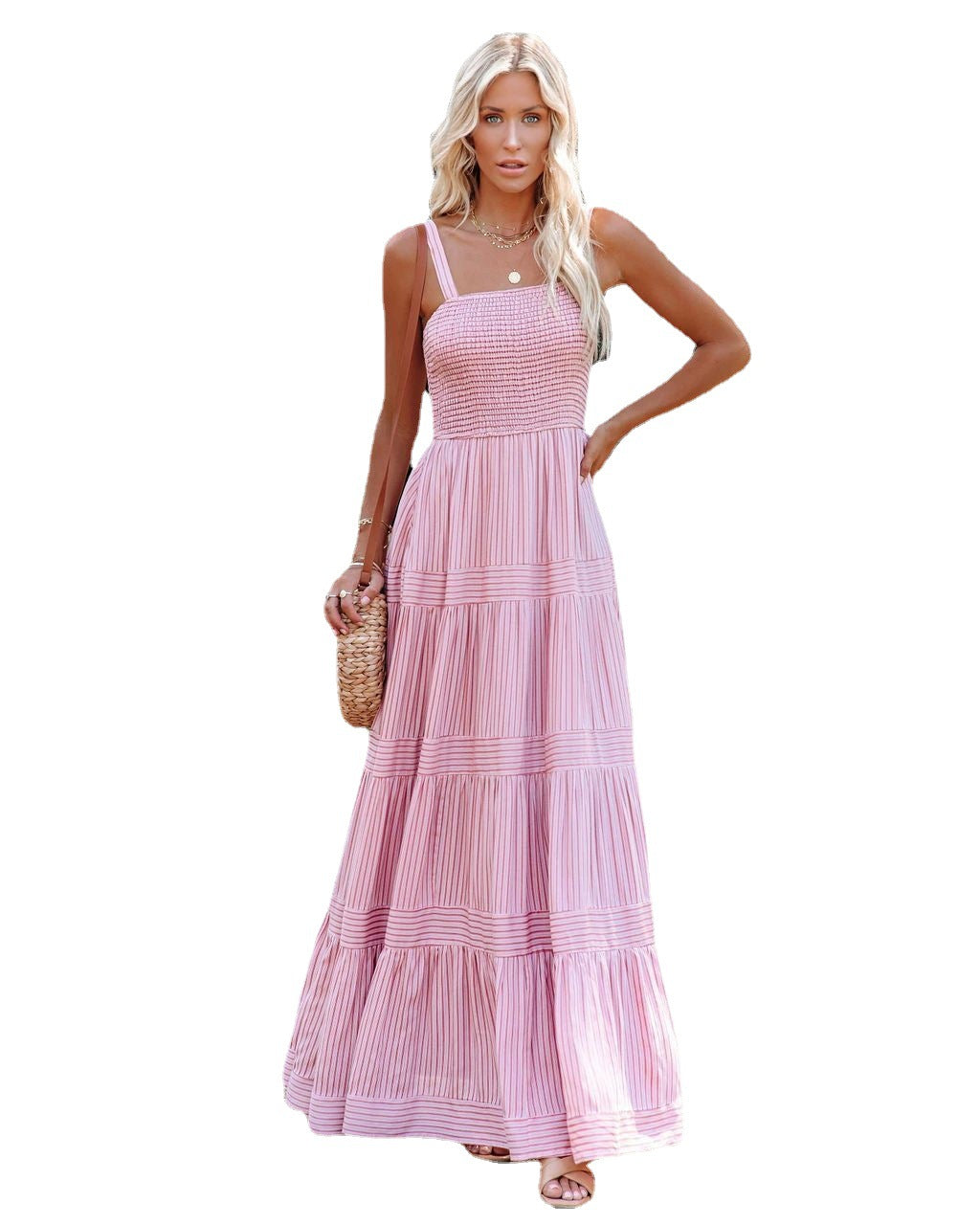 Robe maxi longue pour femme, légèrement évasée, avec fronces et bretelles spaghetti Levoire