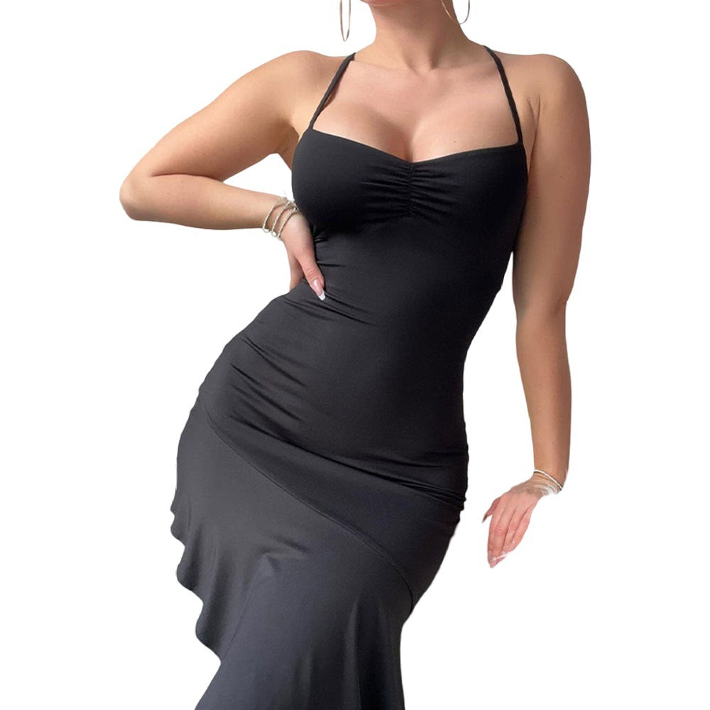 Robe longue à manches longues attrayante pour femmes avec design sans bretelles et ourlet fluide Levoire